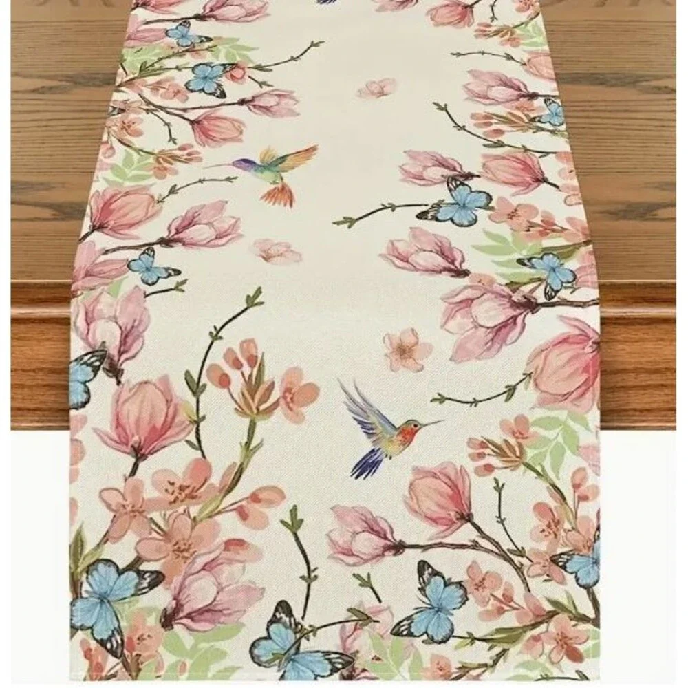 Table Runner 13x72in Woven Polyester Floral with Butterflies Pastel